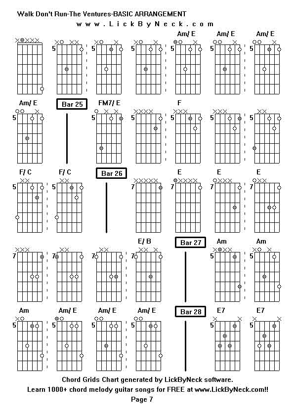 Chord Grids Chart of chord melody fingerstyle guitar song-Walk Don't Run-The Ventures-BASIC ARRANGEMENT,generated by LickByNeck software.